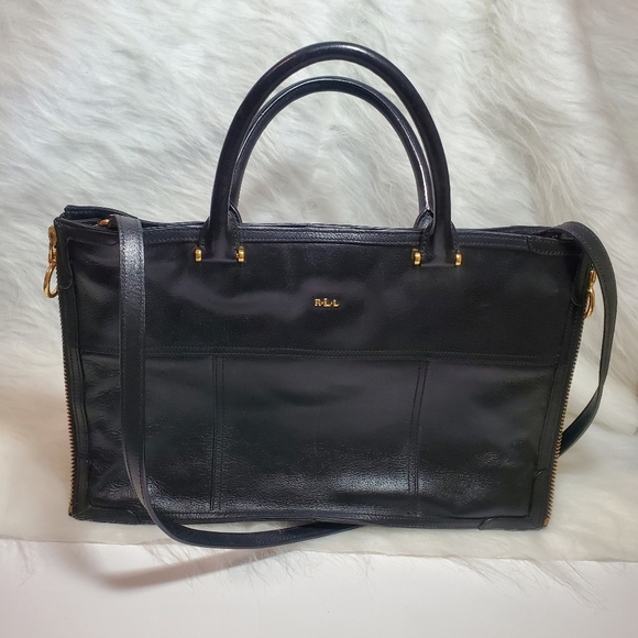 Lauren by Ralph Lauren Black Leather Satchel Tote Bag, Side Zippers to Expand - Picture 2 of 10